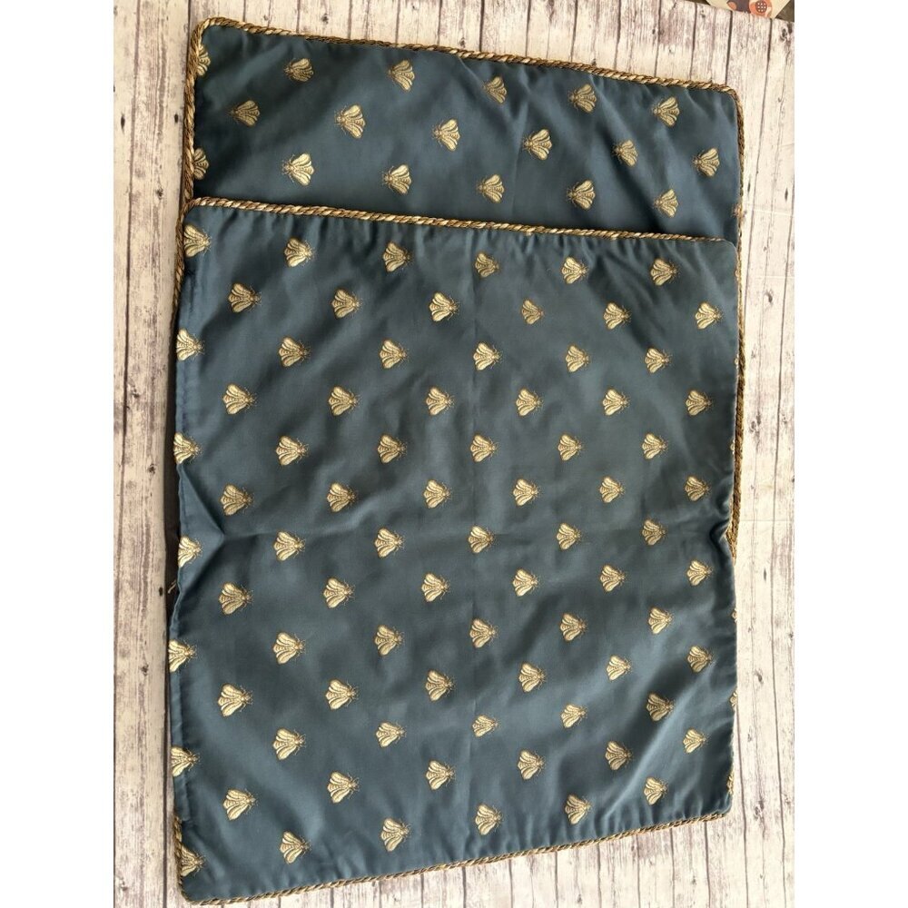 Vintage Blue Gold Bees PAIR Pillow Shams Rope Edge Brocade Zip 22x20”